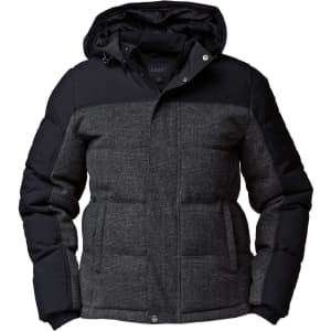 A black and grey padded rain jacket with a hood, featuring a branded logo.