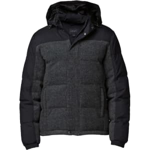 A black and grey jacket with a hood, featuring a quilted design and a logo on the chest.