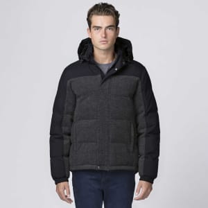 A padded rain jacket in black and grey, featuring a hood and logo branding on the chest.