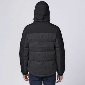 A black and grey rain jacket with a hood, featuring a logo, viewed from the back.