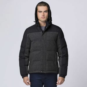 A padded rain jacket in black and dark grey with a hood and front pockets. Features branding on the chest area.