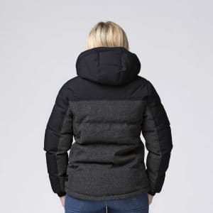 A rain jacket with a black and grey design, featuring a hood and a puffy appearance, shown from the back.