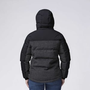 A black and grey rain jacket with a hood, featuring a padded design and a logo.