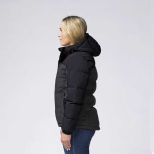 A side view of a women's rain jacket featuring black and grey fabric, with a hood and a fitted design.