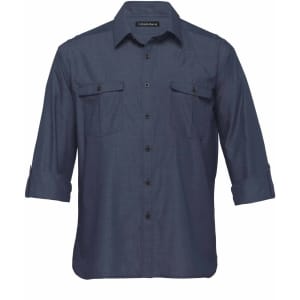 A men's button-up shirt in dark navy with two chest pockets and rolled-up sleeves. Features branding on the collar.