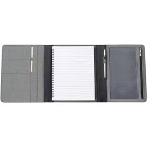 A grey tri-fold business compendium featuring a notepad, pen, and pockets for cards and documents.