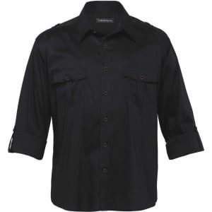 A black button-up shirt featuring two chest pockets and rolled sleeves, with a logo on the collar.