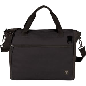 A black computer tote bag with a shoulder strap, featuring a front zippered pocket and a logo.