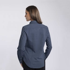 A women's button-up shirt in dark blue, featuring a fitted design and long sleeves, with a back view showcasing the collar.