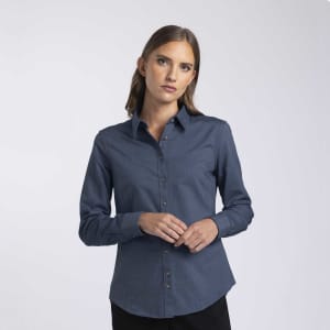 A button-up women's shirt in dark blue with a collar and a logo. Features a fitted design and long sleeves.