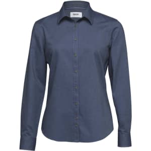 A women's button-up shirt in navy blue, featuring a collared neck and a branded logo.