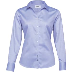 A lavender button-up shirt for women with long sleeves and a collar, featuring a logo on the chest.