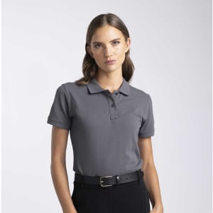 A women's polo shirt in grey, featuring a collar and short sleeves, with a logo on the chest.