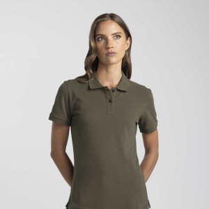 A women's polo in olive green with a collar, featuring a subtle logo on the chest.