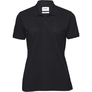 A women's polo shirt in black featuring a classic collar and a logo.