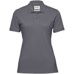A women's polo shirt in grey with a collar, short sleeves, and a branding label on the neck.