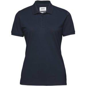 A women's polo shirt in navy blue featuring a collar and a branded logo.