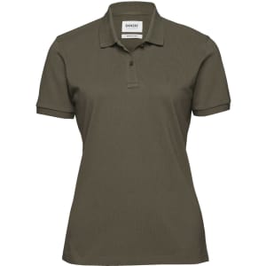 A women's polo shirt in olive green with a collar and short sleeves, featuring a logo on the neckline.