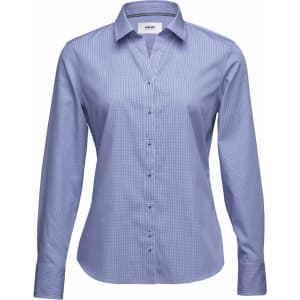 A light blue button-up women's shirt with long sleeves and a collar, featuring a logo.
