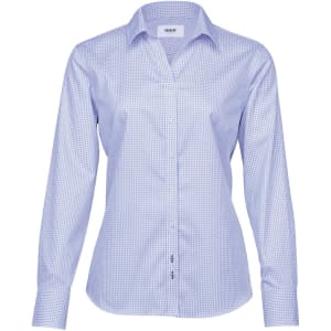 A women's button-up shirt in a blue and white check pattern with a collar and long sleeves. It features a logo.