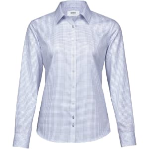 A women's button-up shirt in a blue and white check pattern, featuring a collar and long sleeves. It has a logo.