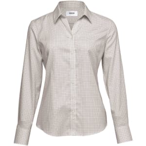 A women's button-up shirt in a cream and brown check pattern, featuring a collar and long sleeves. Includes a logo.