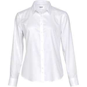 A white button-up shirt featuring a collar and long sleeves, with a logo on the label.