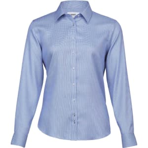 A blue button-up shirt for women, featuring long sleeves and a collar, with a branding logo.