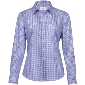 A women's button-up shirt in purple and white check pattern, featuring long sleeves and a classic collar.