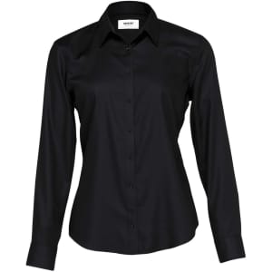 A black button-up shirt for women featuring a collar and long sleeves, with a logo on the label.