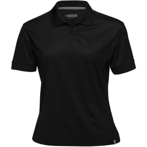A women's black polo shirt with short sleeves, featuring a collar and a logo on the side.