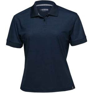 A navy women’s polo shirt with short sleeves and a collar, featuring a logo. Suitable for casual wear.