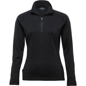 A black Merino zip pullover for women, featuring a quarter zip and long sleeves. It has a branding logo on the collar.