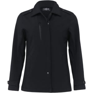 A black women's soft shell jacket with a zippered pocket and buttoned cuffs, featuring a branded logo.
