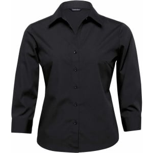 A black women's button-up shirt featuring a classic collar and long sleeves, with a logo on the label.
