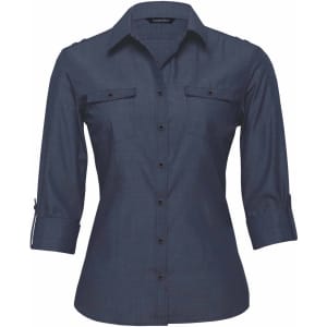 A navy blue women's button-up shirt with two front pockets and rolled sleeves. Features a logo on the collar.