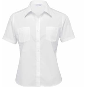 A white short-sleeved button-up shirt featuring two chest pockets and a logo on the collar.