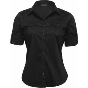 A black button-up women's shirt featuring short sleeves and two front pockets. It has a logo on the collar.