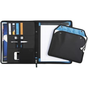 A black tech sleeve zip padfolio with blue accents, featuring a notepad, card slots, and a removable pouch.
