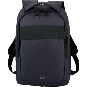 A grey backpack with black accents and adjustable straps, featuring a front zip pocket and a logo.