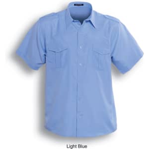 Light blue button-up shirt with short sleeves and two chest pockets. Features a logo on the collar.