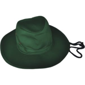 A wide-brimmed green kids' hat with a drawstring, featuring a logo. Ideal for sun protection.