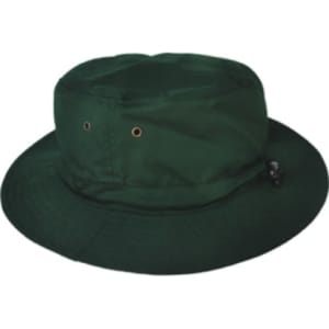 A green bucket hat with a wide brim and eyelets for ventilation. It features a subtle branding element.