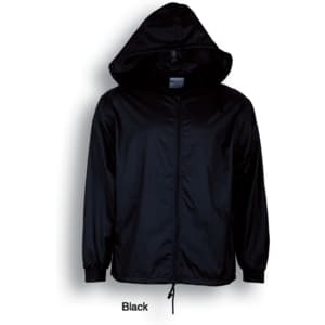 A black kids' yachtsperson jacket with a hood and zip closure, featuring a logo and elastic cuffs.