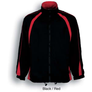 A unisex track suit jacket featuring a black body with red accents and a zip-up front, includes a logo.