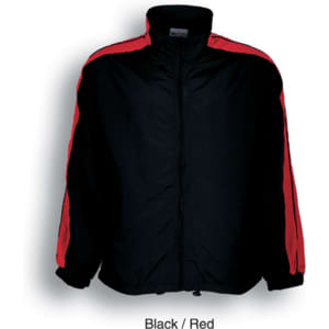 A black and red unisex adults track suit jacket featuring a zip front and branded logo on the collar.