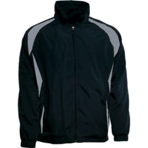 A black track jacket featuring grey accents and a zippered front, designed for kids. It includes a logo.