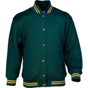 A green bomber jacket featuring yellow striped accents and a snap button front, with a logo on the chest.