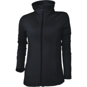 A black kids' yoga jacket with a high collar and zip front, featuring long sleeves and a fitted design.