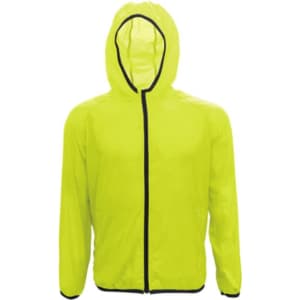 A bright yellow unisex rain jacket with a hood and a zippered front. It features contrasting black trim.